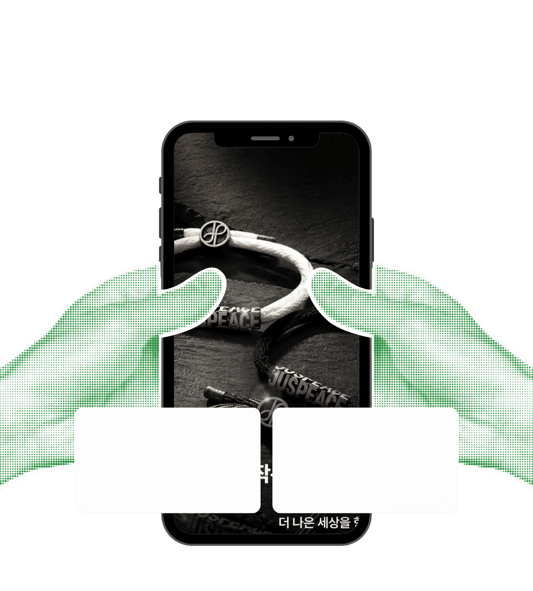 Smartphone showing JUSPEACE bracelets held by illustrated hands